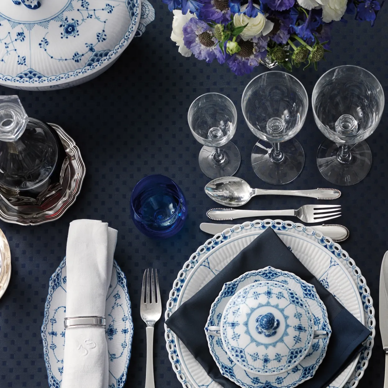 Musselmalet Halvblonde terrin med låg, 200 cl