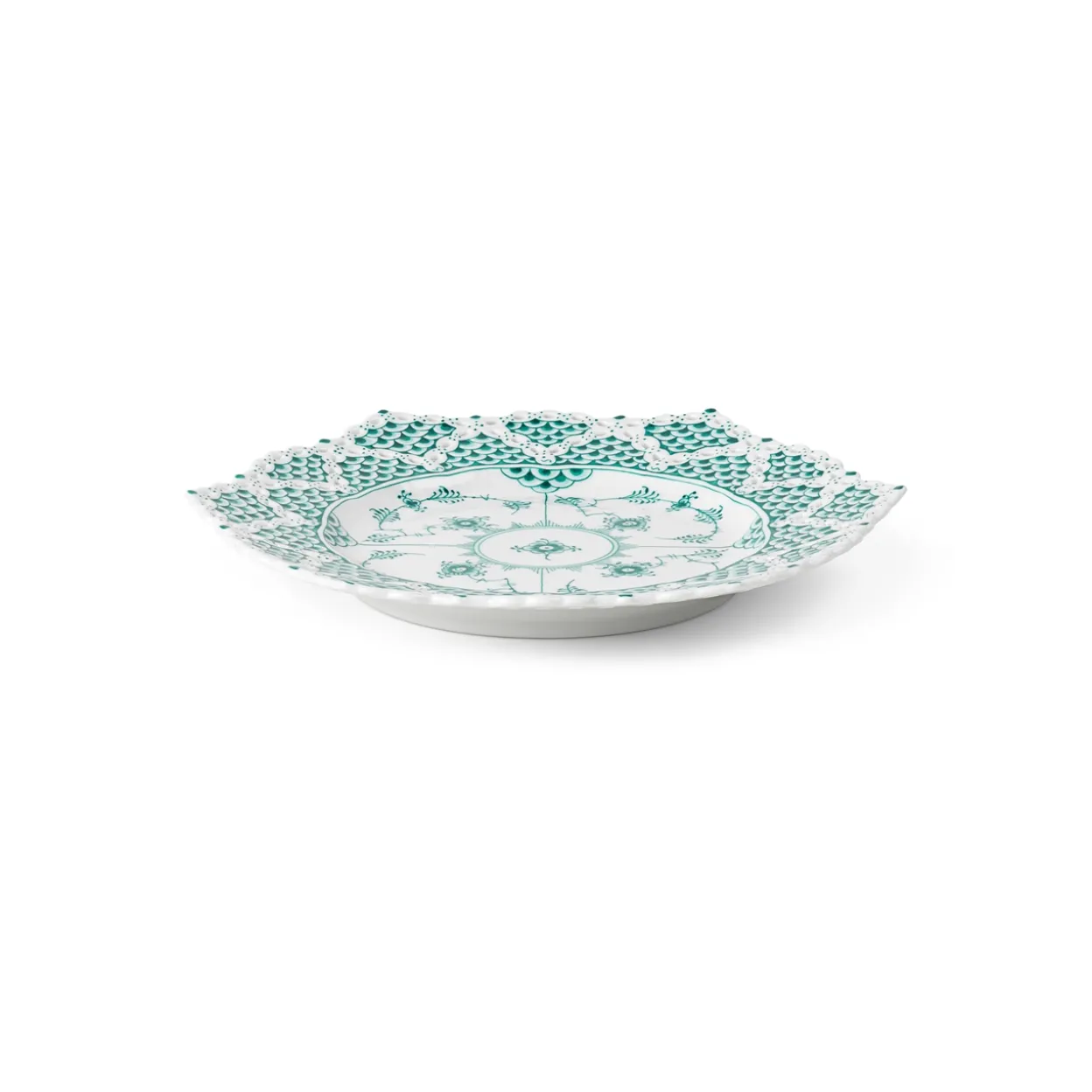 Smaragd Musselmalet Helblonde tallerken med blondekant, 21 cm